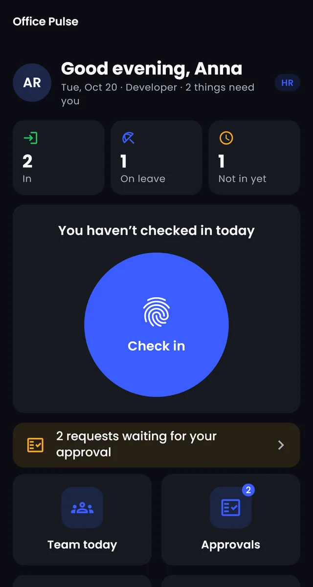 The Office Pulse home screen in QTT OS: who is in, on leave or not in yet, the Check in button and leave requests waiting for approval