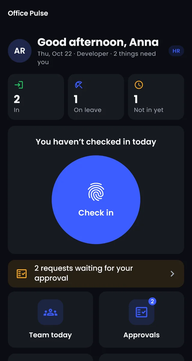 The Office Pulse home screen in QTT OS: who is in, on leave or not in yet, the Check in button and leave requests waiting for approval