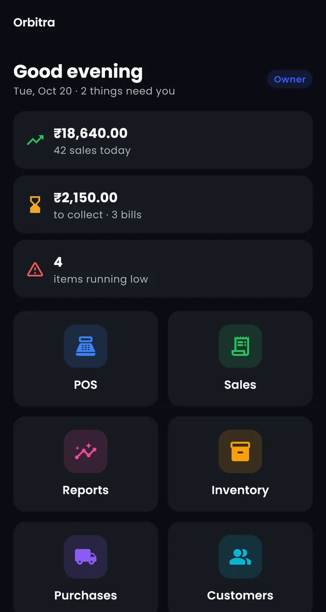 The Orbitra home screen in QTT OS: today's sales, money to collect, items running low, and POS, Sales, Reports, Inventory, Purchases, Customers and Accounts