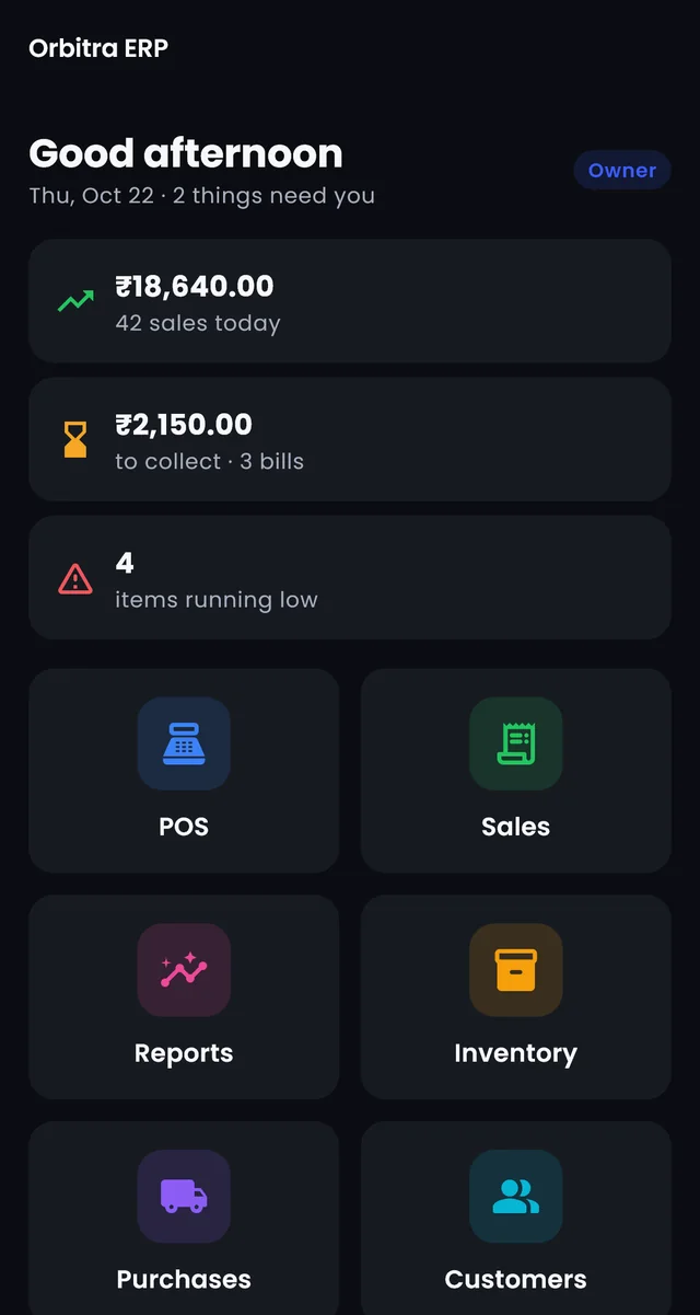 The Orbitra home screen in QTT OS: today's sales, money to collect, items running low, and POS, Sales, Reports, Inventory, Purchases, Customers and Accounts