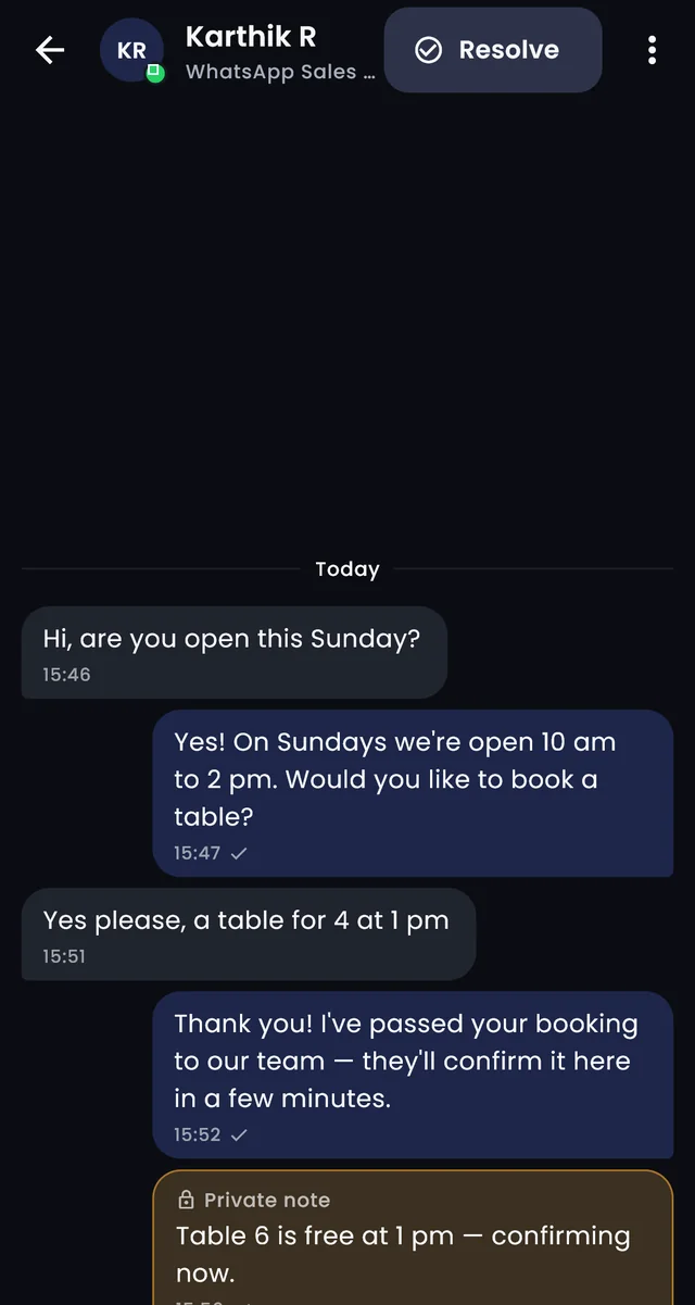 A WhatsApp conversation: the receptionist answers a customer, then passes a table booking to the team