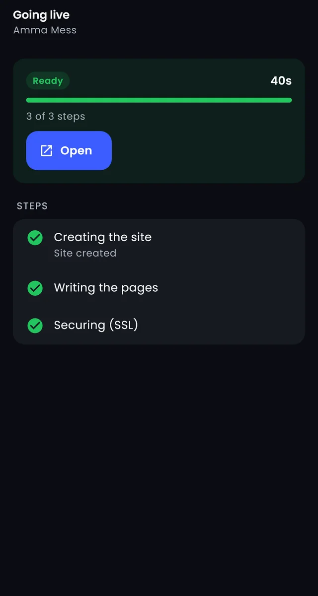 A website being set up: three steps done and Ready