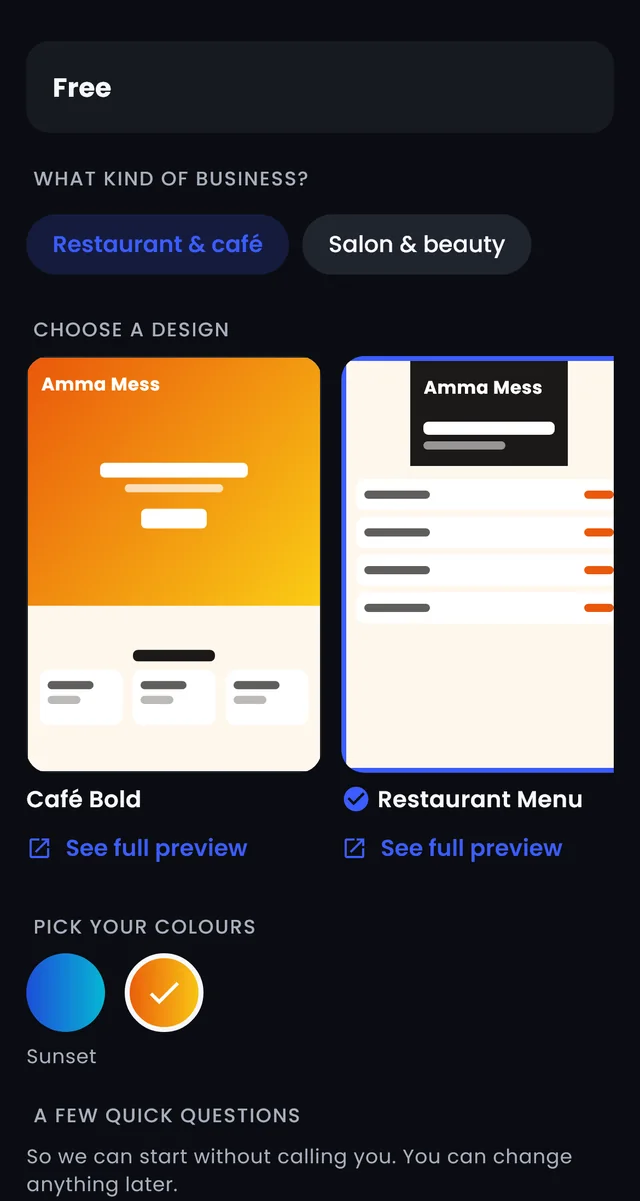 Choosing a restaurant website design and colours, with a live preview showing the business name Amma Mess