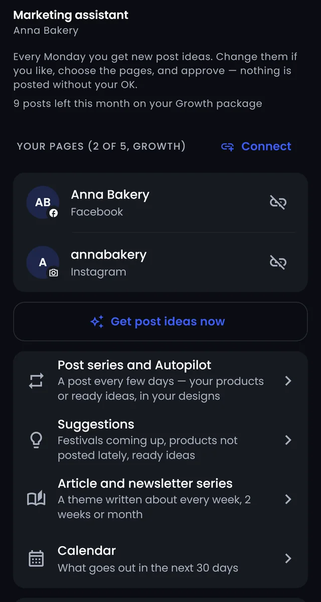 The marketing assistant: connected pages, post ideas, series and Autopilot, suggestions and calendar