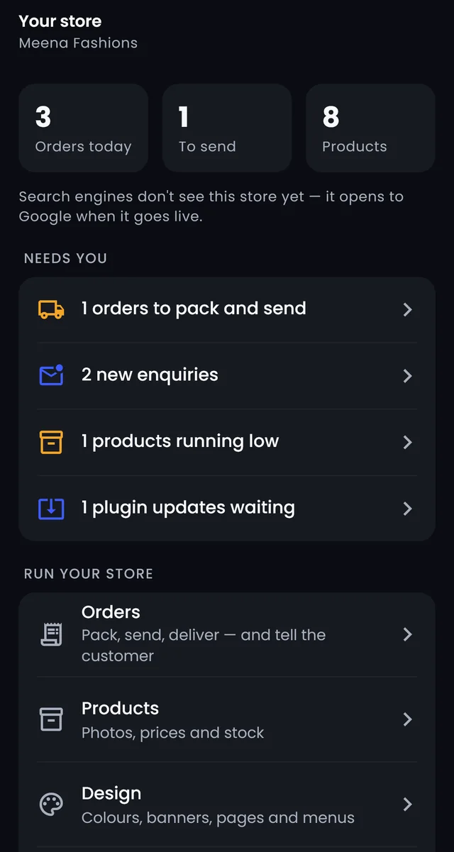 An online store in the QTT OS app: 3 orders today, 1 to send, 8 products, and what needs the owner